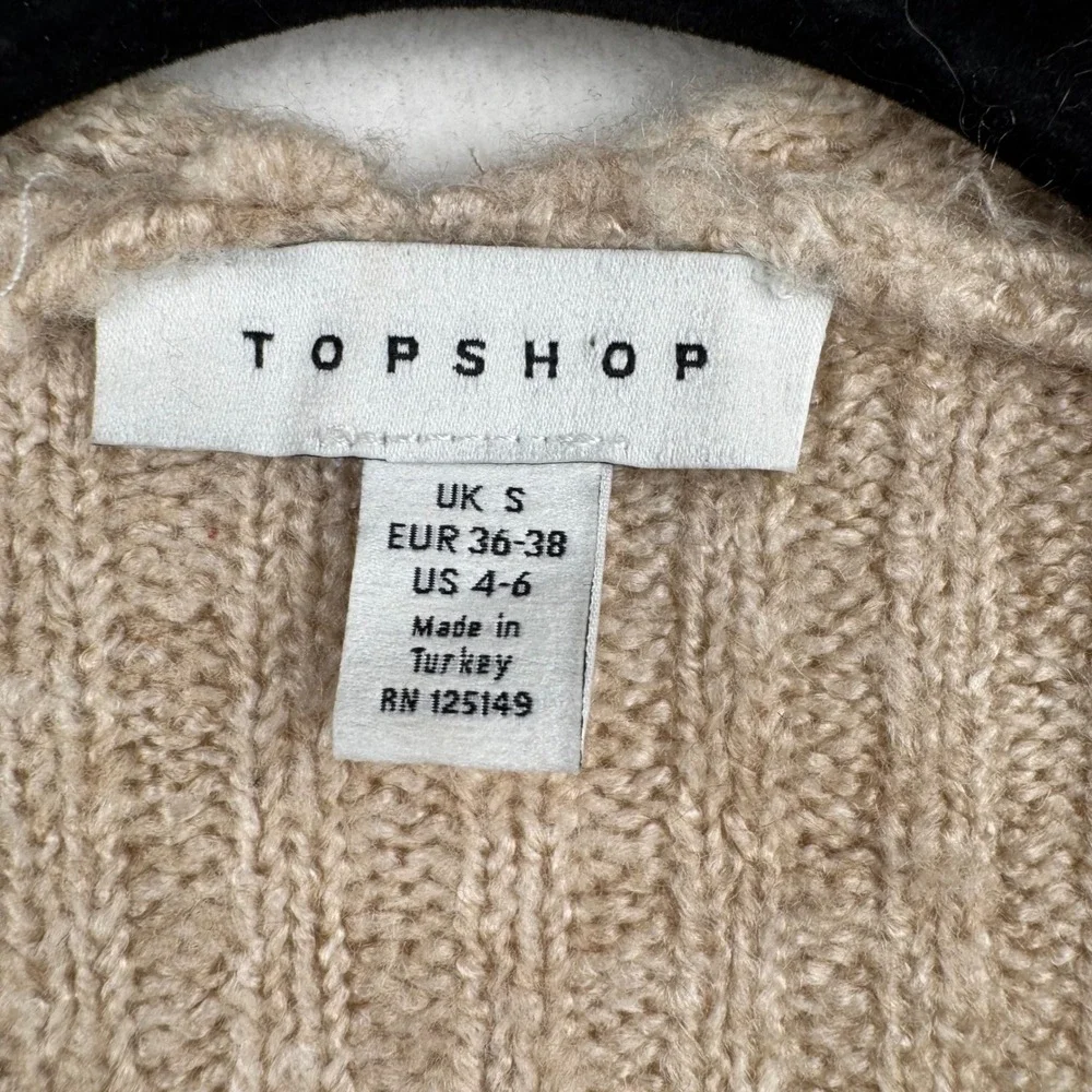 Topshop Cardigan Open‎ Front Ribbed Knit Pockets Casual Comfy Tan Small S